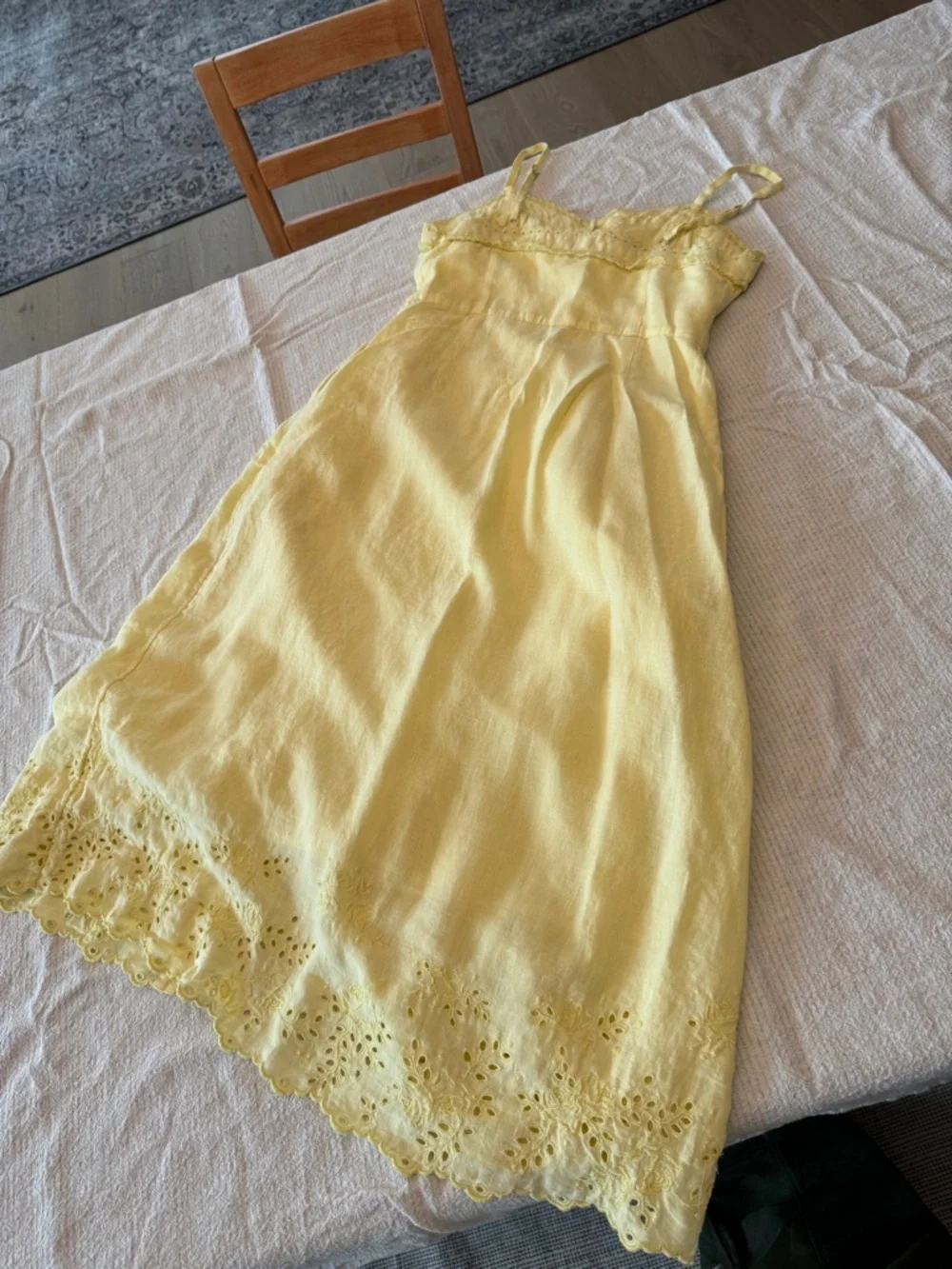 Wilfred 100% linen la boheme Yellow Eyelet Button-Front Midi Dress boho - Picture 16 of 17